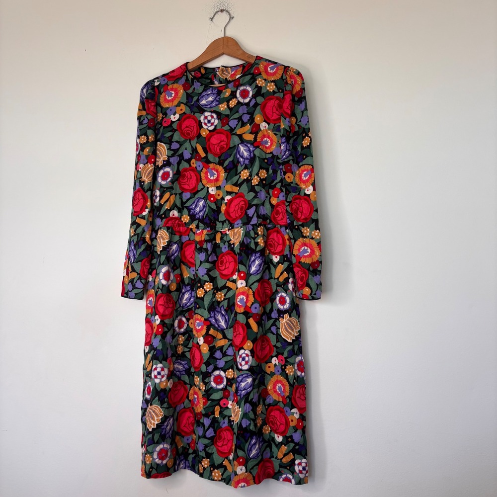 Vintage Floral Lanz Originals Rayon Long Sleeve Button Back Dress 1980 size 10
